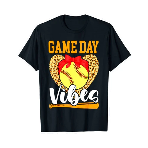 Softball Lover Gift Co. Softball Game Day Vibes Leopard Heart Headband Mom Bleached T-Shirt