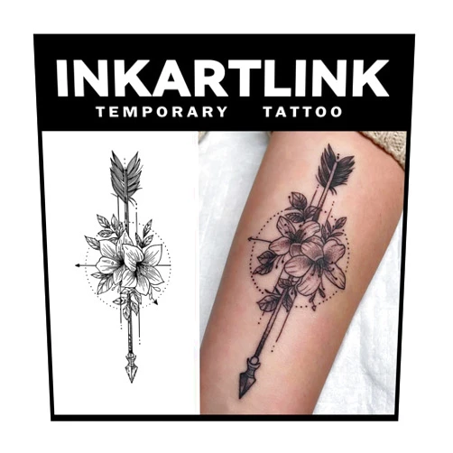 INKARTLINK Tattoo Tech, 2 Sheets Large Semi Permanent Tattoo, Adult Art Design Temporary Tattoos, Lasts 1-2 Weeks, Waterproof, Realistic Look, No Adhesive, No Reflection (Flower and Arrow Design)