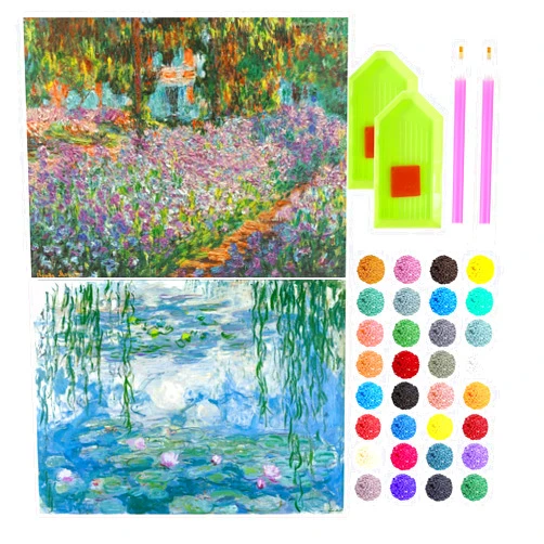 liziciti 2-Pack 5D Diamond Painting Kits, Full Drill Monet Iris Garden & Water Lily Famous Diamond Paintings Collection for Home Wall Decor DIY, 12x16in