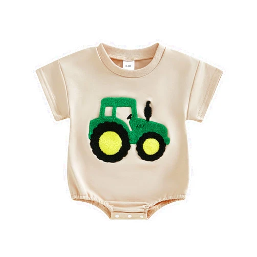 FIOMVA Baby Boy Girl Farm Outfit Embroidery Onesie Bubble Romper Short Sleeve Bodysuit Shirt Newborn Summer Clothes