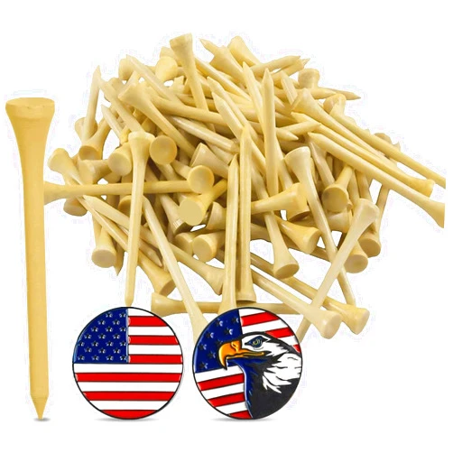 FINGER TEN Bamboo Golf Tees Wood 2 3/4 3 1/4 Inch Wooden Tee Color Bulk 250/500/1000/2000 Count with 2 Free Ball Marker USA Eagle for Men Women Kids