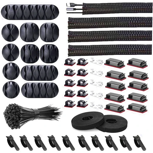 Jung Ford [152 Pcs] Cord Management Organizer Kit, 4 Split Cable Sleeve, 36 Self Adhesive Cable Clips Holder 10 Pcs, 2 Rolls of Self Adhesive Ties, 100 Fastening Zip Cable Ties