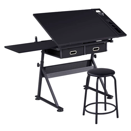 Yaheetech Drafting Table for Artists, Height Adjustable Drawing Desk Art/Craft Desk Diamond Paintings Work Station w/ 2 Storage Drawers and Stool for Home Office School, Black