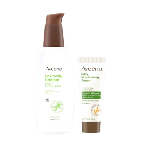 Aveeno Skincare Bundle, Positively Radiant Daily SPF 30 Facial Sunscreen Moisturizer + Soy, 2.3 fl. oz, & Travel Size Daily Moisturizing Cream for Body, Face, & Hands, 0.8 oz, Two Pack, 2 Items