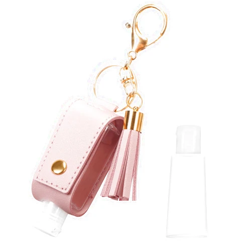 Unaone 1oz/30ml Hand Sanitizer Holder Travel Size, Empty Bottles Leather Sanitizer Holder with Keychain Portable Small Squeeze Bottle Refillable Container for Toiletry Lotion Liquid Soap Shampoo Pink