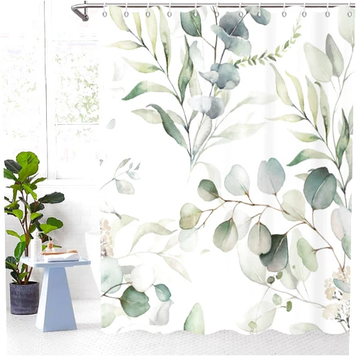 GCIREC Eucalyptus Leaf Shower Curtains, Sage Green Spring Botanical Watercolor Plants Bathroom Curtains Bathtub Home Decor Waterproof Fabric Machine Washable with 12 PCS Hooks