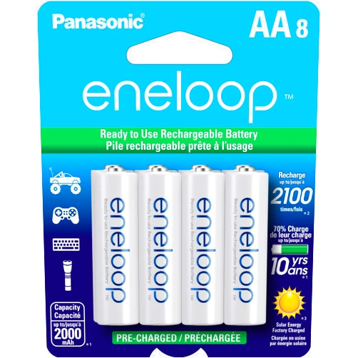 Eneloop Panasonic BK-3MCCA8BA AA 2100 Cycle Ni-MH Pre-Charged Rechargeable Batteries, 8-Battery Pack
