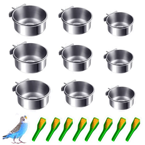 Lucky Interests 9 pcs Bird Feeding Dish Cups, Three Sizes Parrot Stainless Steel Food Bowl Bird Cage Water Feeder with Clamp Holder for Parrots Cockatiel Budgies Lovebird Parakeet with 9 Bird Spoon