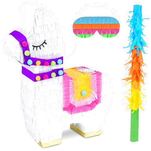 BIRCHIO Llama Pinatas Bundle with a Blindfold and a Bat (17 x 14 x 4 Inches), Perfect for kid's Birthday Parties, Mexican Theme Parties, Decorations
