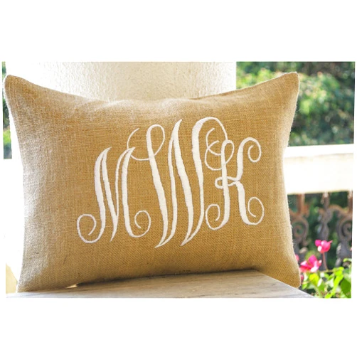 Amore Beaute Handcrafted Customizable Burlap Monogram Pillow Covers - Custom Lumbar Monogram Pillow Cover - Cursive Three Letters Monogram Pillowcase - Initial Pillow Cover 12x20