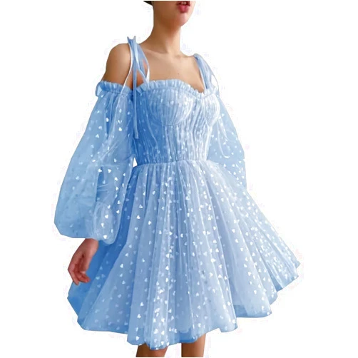 XILEIEVER Puff Sleeve Homecoming Dresses Tulle Prom Dresses 2022 Sparkly Starry Puffy Dress Formal Evening Party Gowns