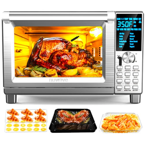 Nuwave Bravo Air Fryer Toaster Smart Oven, 12-in-1 Countertop Convection, 30-QT XL Capacity, 50°-500°F Temperature Controls, Top and Bottom Heater Adjustments 0%-100%, Brushed Stainless Steel Look