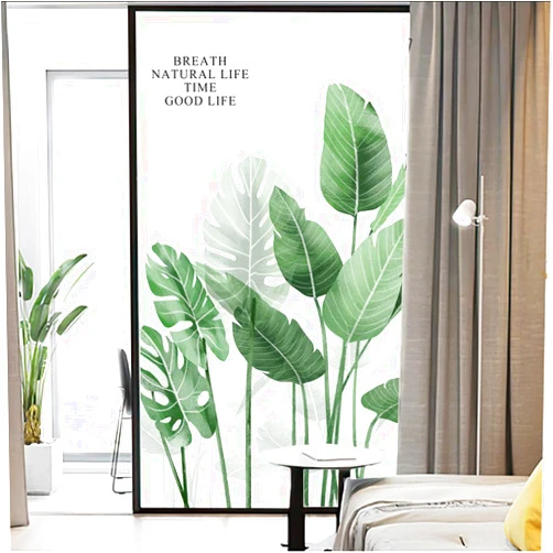 J4U Privacy Window Film Frosted Tropical Green Plant Decorative Window Sticker No Glue Static Window Cling Window Decals for Home 34.6