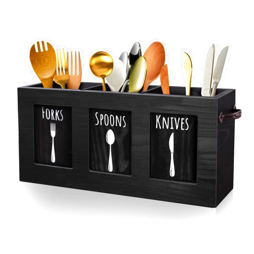 MINCORD Wood Flatware Organizer, Rustic Utensil & Silverware Holder for Forks, Spoons, Knives, Farmhouse Kitchen Cutlery Caddy Bin Countertop - Black