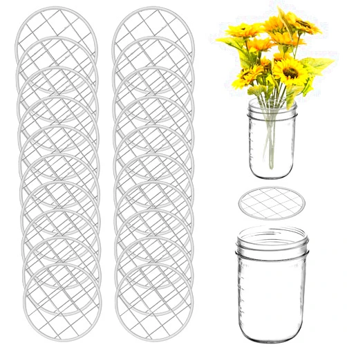 DLAND 20 Pieces Mason Jar Flower Frog Holder Lid Arrangement Flower Insert Lid Grid Organizer Lid Metal with Square Grids for Regular Standard Mouth Canning Jar.