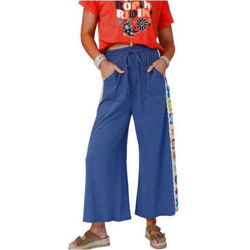 Gnveub Wide Leg Pants for Women High Waist Adjustable Knot Crochet Pants Loose Lounge Sweatpants with Pockets