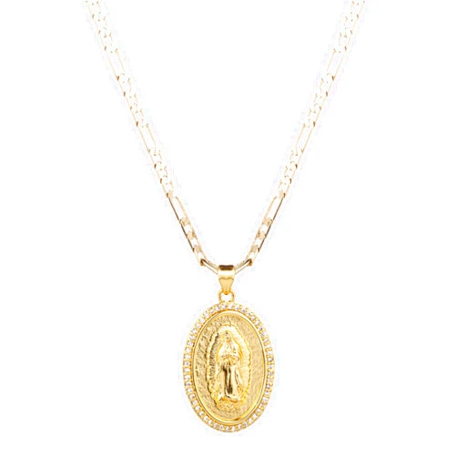 Yipima 14K Gold Plated Guadalupe Virgin Mary Oval Pendant Necklace for Women Men Zircon Inlay Virgin Mary 3mm Flat Figaro Chain Necklace 18/22 inches