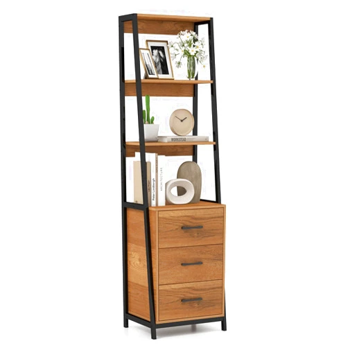 LOKO Industrial Ladder Bookshelf, Freestanding 4-Tier Bookcase with 3 Drawers & Metal Frame, 69” Tall Wooden Storage Organizer for Living Room, Office, Study Room & Entryway (Brown)