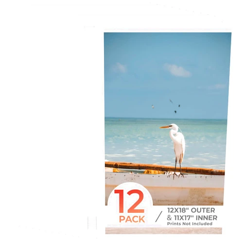 Frametory, 12X18 White Pre-Cut Picture Mats for 11X17 Photos, Prints, Artworks - White Core Bevel Cut 10.5X16.5 Openings Acid Free Frame Mattes 1.4MM Thickness - Pack of 12