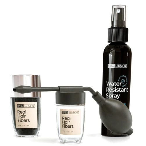 Hair Illusion Black Hair Fibers Kit with Water-Resistant Spray & Applicator – Natural Coverage for Thinning Hair – 18g
