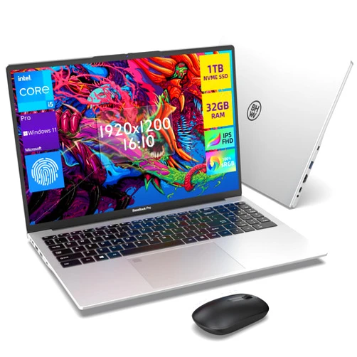 BHWW 16 Inch Windows 11 Pro Laptop, 32GB RAM and 1TB SSD, Intel Core i5-1035G4, BaseBook Pro for Light Gaming and Production, 16:10,1200P IPS, 100% sRGB, LAN Port, Fingerprint, Silver