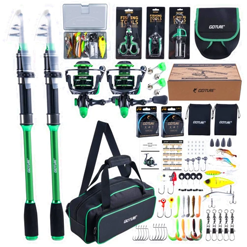 Goture Fishing Rod and Reel Combos-2PCS Telescopic Fishing Pole+2PCS Pre-Loaded Spinning Reels with Carrier Bag,1.8M-2.7M Telescopic Rod Reel Kit for Starter Travel Saltwater Freshwater,Gifts for Men