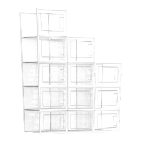 SONGMICS Shoe Boxes, Pack of 12 Shoe Storage Organizers, Stackable Clear Plastic Boxes for Closet, Sneakers, 9.9 x 13.7 x 7.4 Inches, Fit up to US Size 13, Transparent and White ULSP12MWT