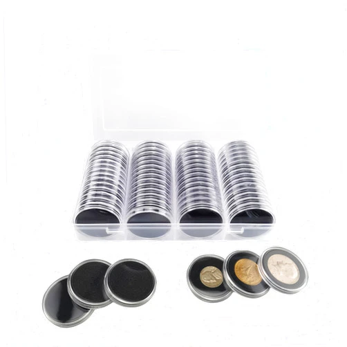 Umiserhoo 60 Pieces 41mm Clear Coin Capsules with Black Foam Gaskets and Storage Box, 5 Sizes (21/26/31/36/41mm) Coin Holder Silver Eagle Dollar Challenge Coin Cases for Collector Collection Supplies