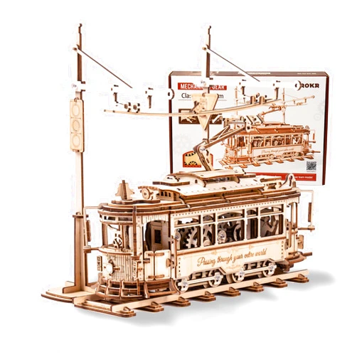 ROKR 3D Wooden Puzzles Model Car Kits for Adults to Build - Wooden Toy Tram Train Set with Railway - Wood 3D Puzzles for Adults - Gift Idea for Christmas Father's Day Birthday