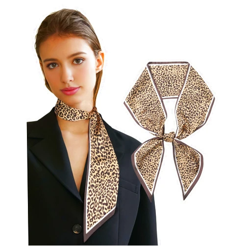 AWAYTR Long Silk Feel Scarf Women Hair Scarf Satin Neck Scarf Tie Bandana Headband Scarf Edge Wrap Head Scarf Purse Handbags (Leopard Camel)
