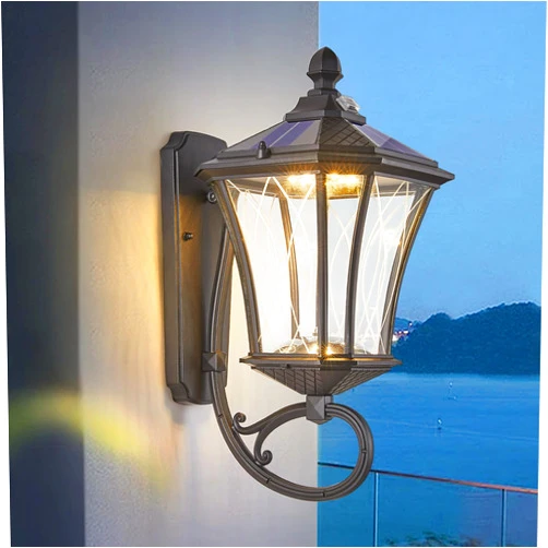 SCNYCUL Solar Wall Lanterns Outdoor with Dusk to Dawn Sensor, Large Waterproof Exterior Solar Porch Light fixtures with Patterned Glass, Vintage Solar Wall Lamps for Outside, House, Patio, Garage, Black