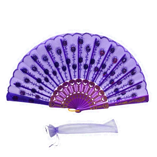 Newstarfactory Full Color Collection Embroidery Sequins Plastic Cloth Folding Fan (Purple)