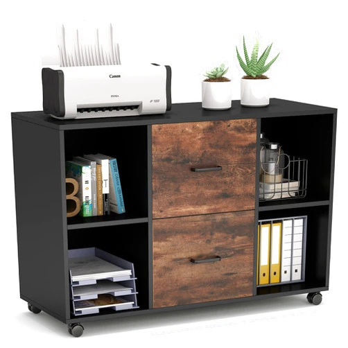 Tribesigns 2 Drawer File Cabinet, Large Mobile Lateral Filing Cabinet for Letter Size, Printer Stand with Storage Shelves and Rolling Wheels for Home Office (Black/Rustic)