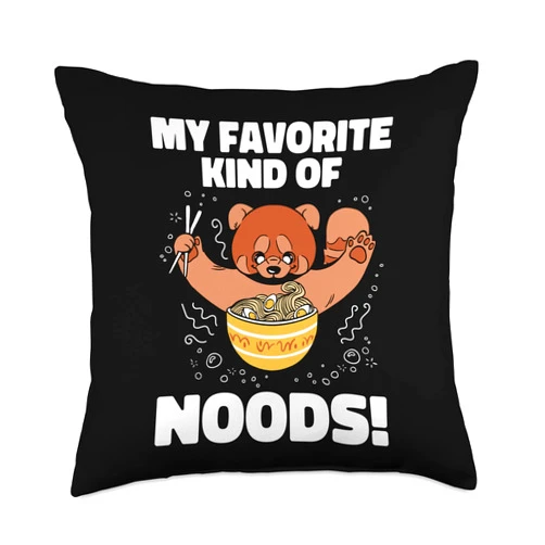 My Favorite Kind Of Noods Cute Red Panda Eating Ramen Noodle Japanese Food Throw Pillow, 18x18, Multicolor