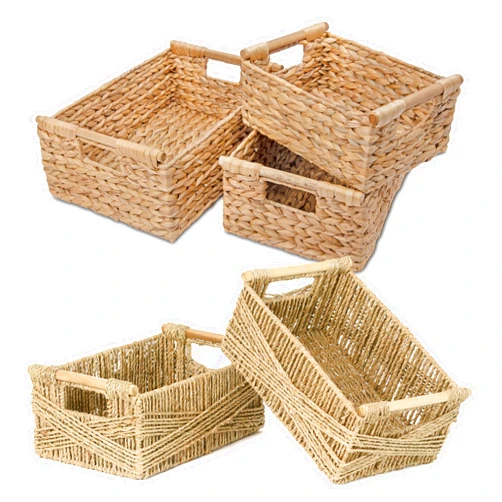 VATIMA Hyacinth Wicker Basket Set 3 size - Rectangular, Wooden Handles, Shelf Organizer, Natural Bins