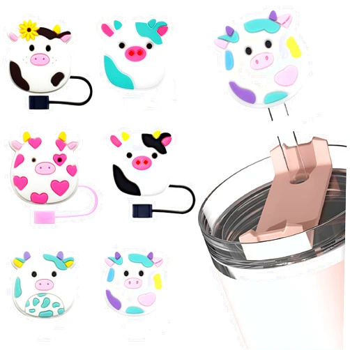 Vrbort 6pcs Silicone Spill Stopper for Stanley 40/30 oz Tumbler, Cute Cow Design with Handle for Cup Accessories, Animal Motif