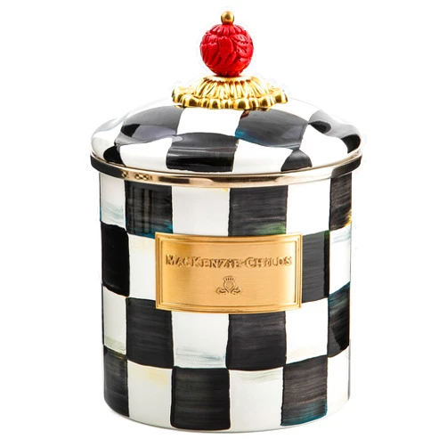 MACKENZIE-CHILDS Courtly Check Enamel Canister, Black-and-White Kitchen Storage Container with Lid, Small