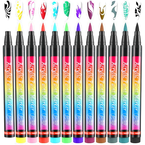Amaxiu 12 Colors Nail Art Pens Set, Waterproof Nail Polish Pens Quick Dry Acrylic Nail Art Painting Pen with Soft Bristles Pen Nib Nail Graffiti Dotting Drawing Pen Liner Brush for Nail Design Beauty