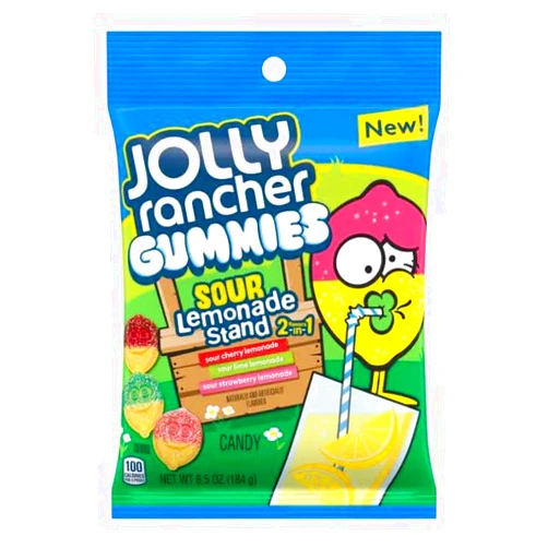 JOLLY RANCHER Gummies 2 In 1 Sour Lemonade Stand Flavors Peg Bag (Sour Cherry Lemonade, Sour Lime Lemonade and Sour Strawberry Lemonade), 5 oz.
