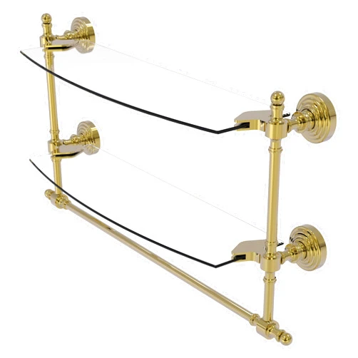 Allied Brass RW-34TB/18-UNL Retro Wave Collection 18 Inch Two Tiered Glass Shelf with Integrated Towel Bar, Unlacquered Brass