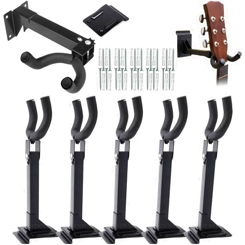 TOOLSSIDE 5 Pcs Guitar Hanger Wall Mount Hook Stand 180 - Guitar Hooks for Wall Adjustable with Slat Adapter - Guitar Wall Mount for Electric Acoustic and Bass Guitars