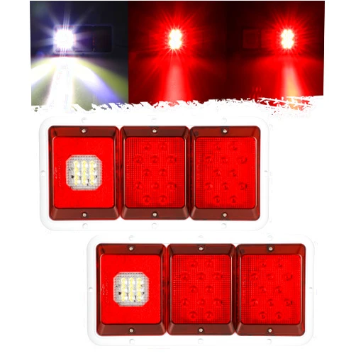 Partsam 2x LED Triple Tail Lights 45 LEDs, Rectangle Vertical or Horizontal Mount LED Trailer Camper RV Tail Lights Stop Turn Tail Backup Reverse Lights Taillights w/White Base - Red/Clear Lens 12V