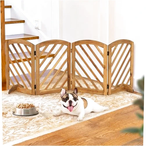 dCee Solid Acacia Wood Dog Gate, Freestanding Dog Gates Indoor Wide 81 in, Foldable Pet Gate with 4 Panels & 2 Support Legs for Doorway, Kitchen, Hall, Stairs Ebony