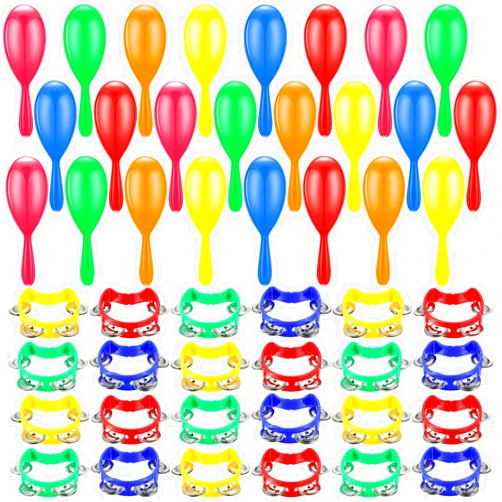 Libima 48 Pcs Shaker Musical Instruments Including 24 Plastic Percussion Tambourines 24 Mini Neon Maracas Shakers Half Moon Shape Handheld Tambourine Noise Makers Hand Held Musical Instruments