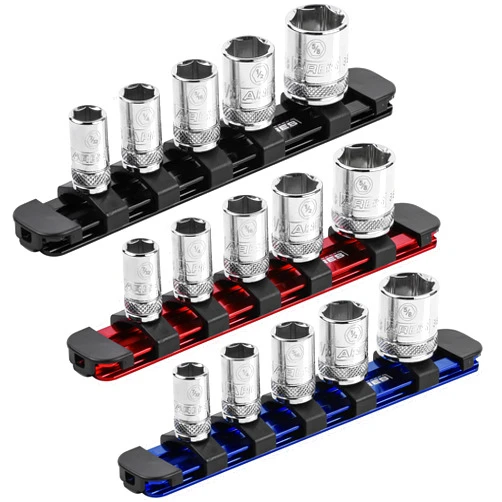 ARES 60084-3-Piece 1/4-Inch Drive 6-Inch Aluminum Socket Rail Set with Locking End Caps - Includes Red, Blue, and Black Rails - Each Aluminum Rail Stores up to 5 Sockets