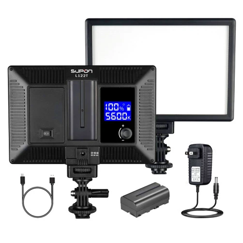 SUPON L122T Ultra-Thin LED Video Light Panel with LCD Display, Dimmable Bi-Color 3300K-5600K, CRI95+ Softer Lighting for YouTube, Studio, Outdoor Shooting, Portraits, Wedding with AC Adapter & Battery