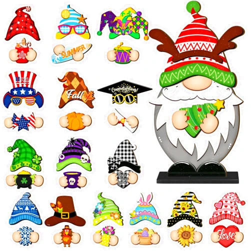 Blulu Halloween Interchangeable Wooden Gnome Decor DIY Holiday Christmas Seasonal Tiered Tray Decoration Gnomes with Magnet Pieces Welcome Sign for Christmas Holiday Decorations(Classic)