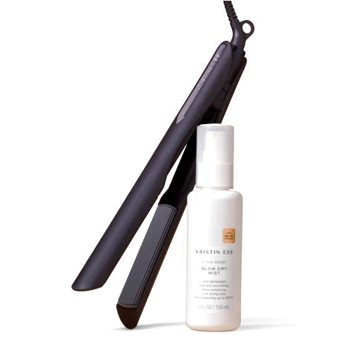Kristin Ess Hair Nanoblack 3-in-1 Curling Flat Iron Straightener + Style Assist Heat Protectant Spray - 1 1/4 Inch Salon Professional Ceramic Hot Tool - Hair Straightener + Curler 2 in 1 + Beach Waver