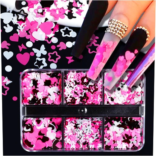 RIICFDD Valentine’s Day Nail Art Glitter Sequins 6 Grids 3D Nail Art Accessories Pink Black White Heart Bunny Star Butterfly Designs Nail Flakes Sparkly Nail Glitters for Women Acrylic Nails Decorations