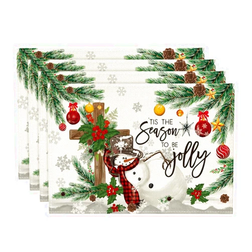 Artoid Mode Holly Xmas Pine Cross Snowman Merry Christmas Placemats for Dining Table, 12 x 18 Inch Seasonal Winter Washable Table Mats Set of 4